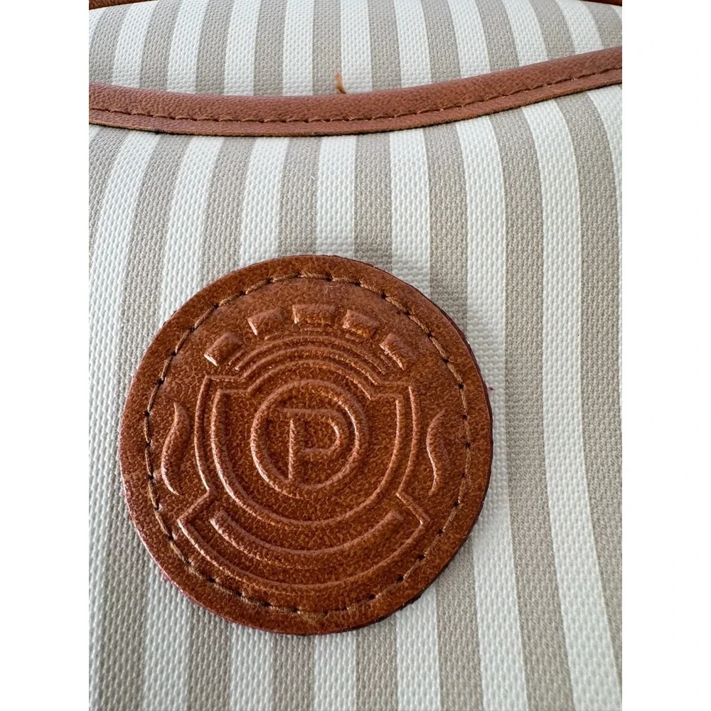Vintage Tan White Striped Cosmetic Bag Toiletry Pouch Leather Logo‎ Patch